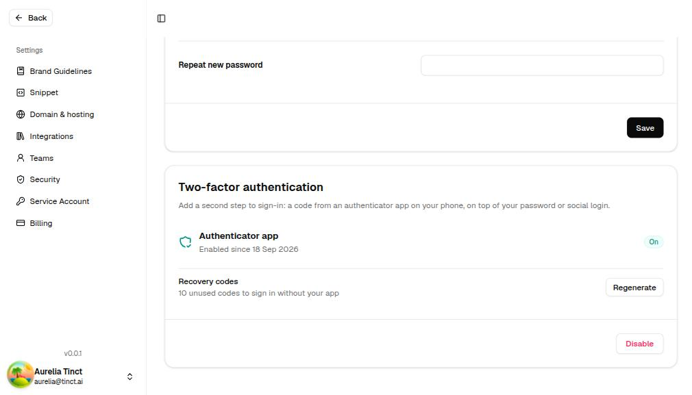The Two-factor authentication card when 2FA is on