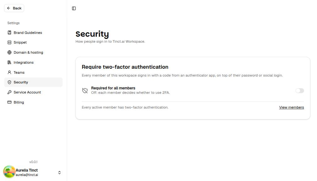 The Security page of a workspace