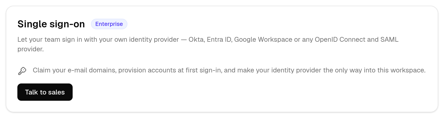 The Single sign-on card of a workspace without the Enterprise plan