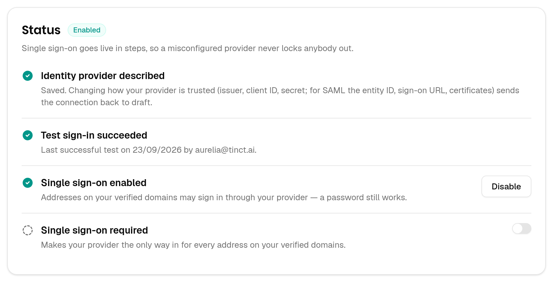 The Status card, single sign-on enabled