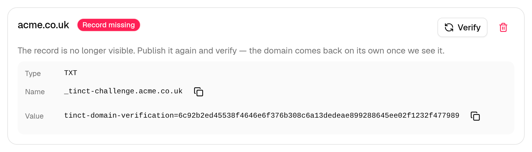 A domain whose record is missing