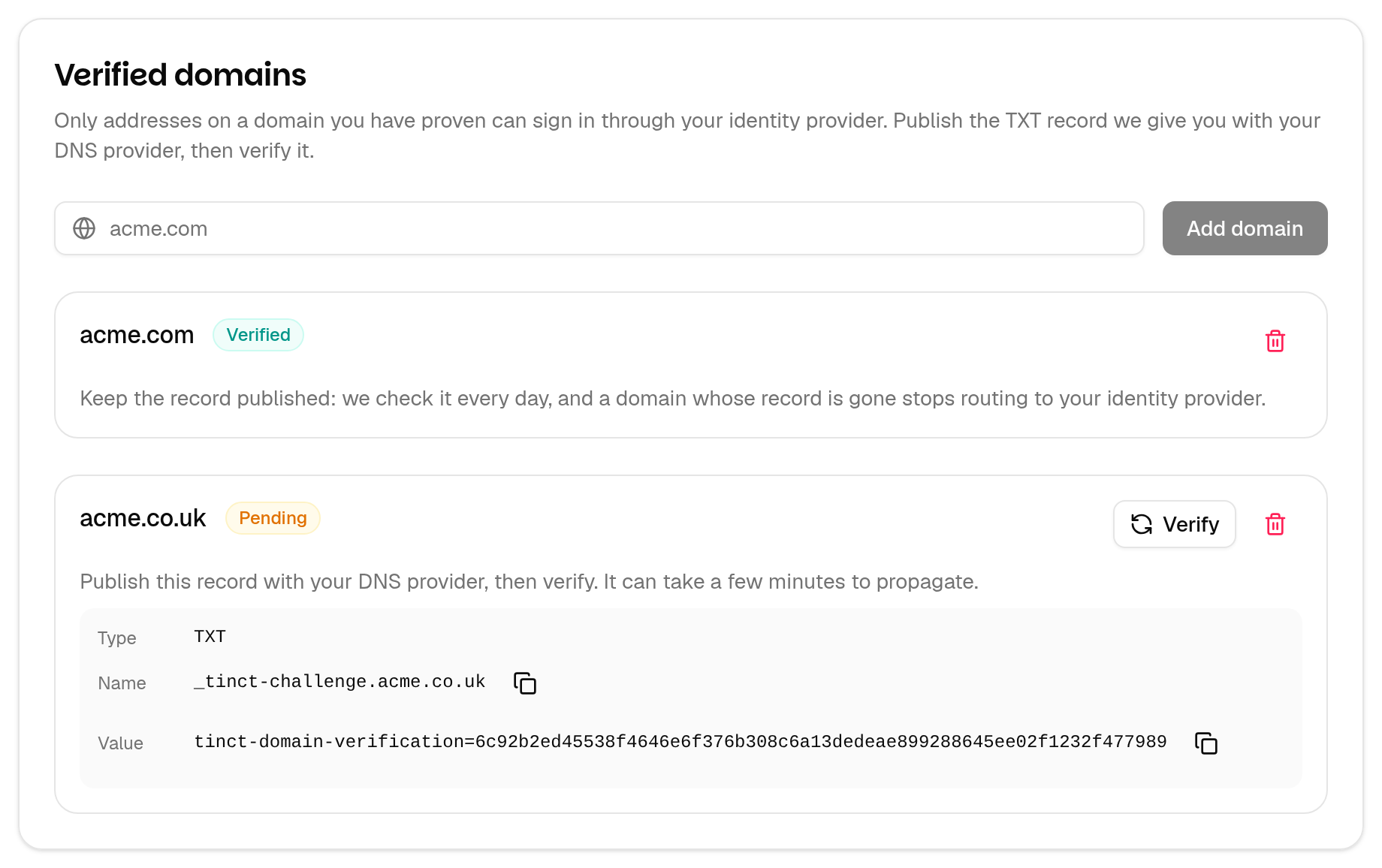 The Verified domains card with a pending domain