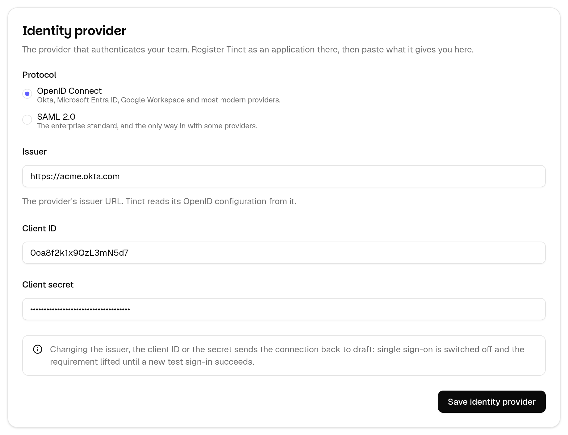 The Identity provider card with the OpenID Connect form filled in