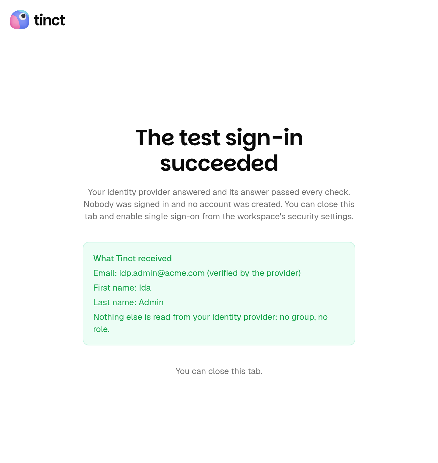 The result of a test sign-in