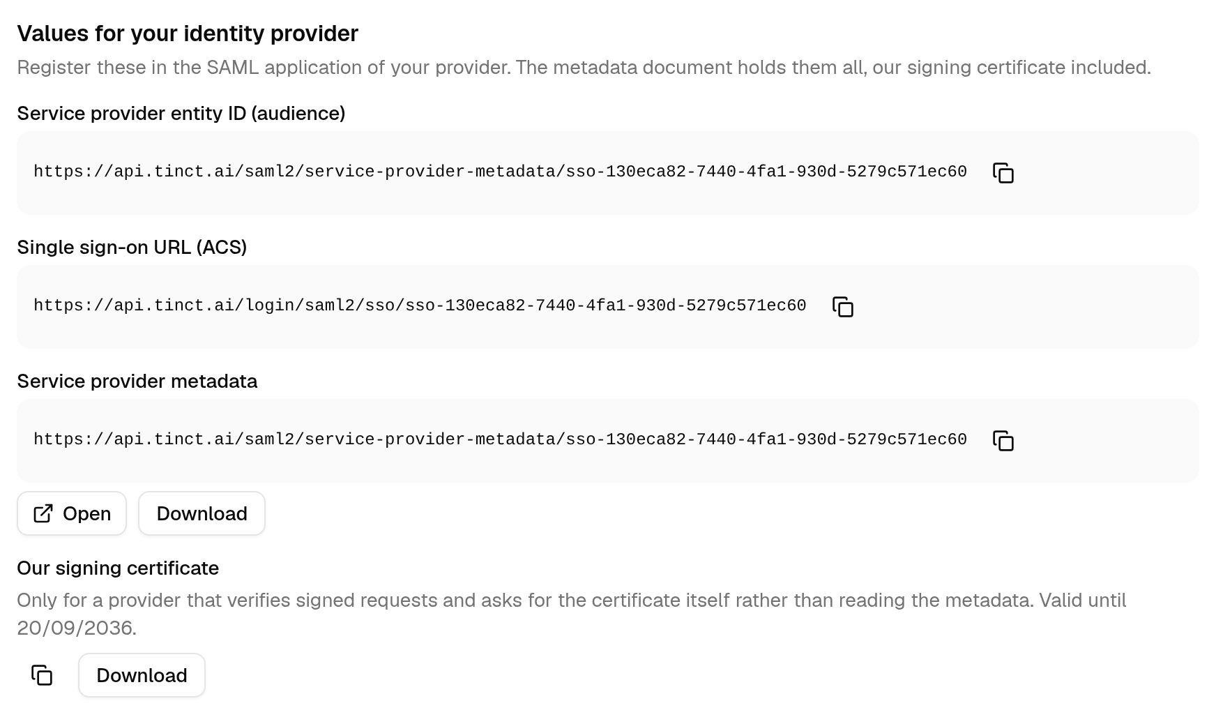The values to register at your identity provider