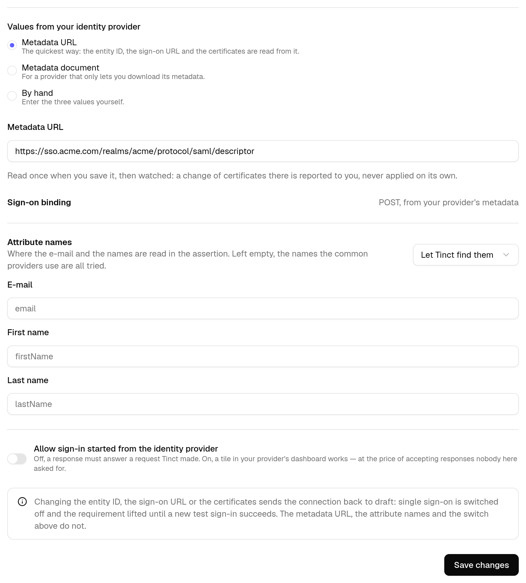 The SAML settings, with